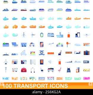 100 transport icons set. Cartoon illustration of 100 transport icons vector set isolated on white background. 100 transport icons set, cartoon style Stock Vector