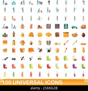100 universal icons set. Cartoon illustration of 100 universal icons vector set isolated on white background. 100 universal icons set, cartoon style Stock Vector