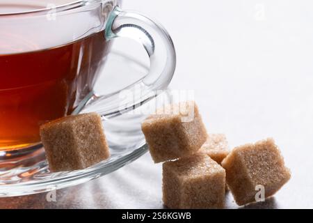 Cup of tea with brown sugar cubes on a white background Stock Photo