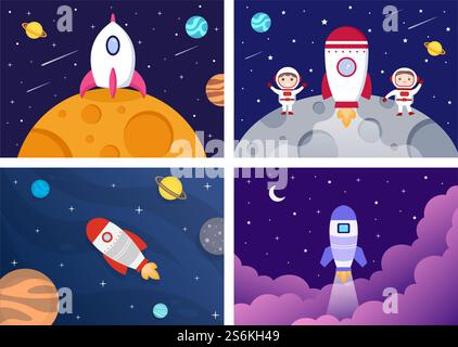 Astronaut With Rocket Illustration For Explore In Outer Space And Movement To See Stars, Moon, Planets Or Asteroids Stock Vector