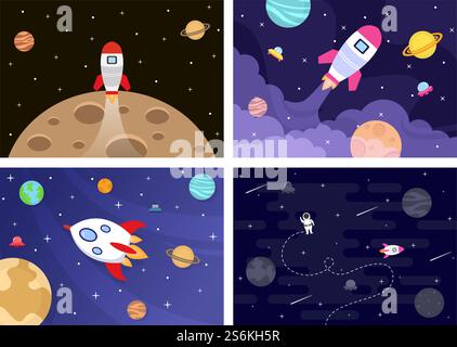Astronaut With Rocket Illustration For Explore In Outer Space And Movement To See Stars, Moon, Planets Or Asteroids Stock Vector
