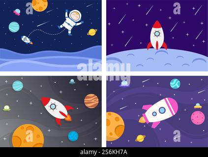 Astronaut With Rocket Illustration For Explore In Outer Space And Movement To See Stars, Moon, Planets Or Asteroids Stock Vector