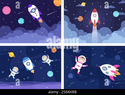Astronaut With Rocket Illustration For Explore In Outer Space And Movement To See Stars, Moon, Planets Or Asteroids Stock Vector