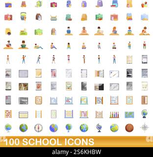 100 school icons set. Cartoon illustration of 100 school icons vector set isolated on white background. 100 school icons set, cartoon style Stock Vector