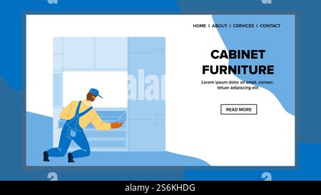 Cabinet Furniture Installing Worker Man Vector. Guy Technician Install Cabinet Furniture In Apartment Kitchen, Assembling Process. Character Assembling Construction Web Flat Cartoon Illustration. Cabinet Furniture Installing Worker Man Vector Stock Vector