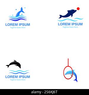 set of Dolphin smart fish jump logo in the sea template design Stock Vector