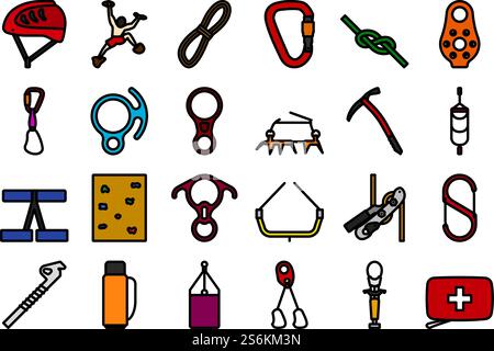 Alpinist Icon Set. Editable Bold Outline With Color Fill Design. Vector Illustration. Stock Vector