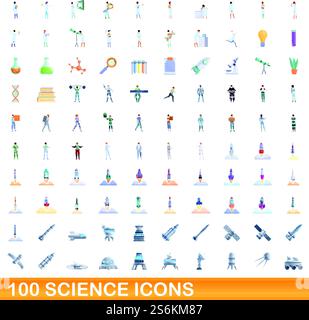 100 science icons set. Cartoon illustration of 100 science icons vector set isolated on white background. 100 science icons set, cartoon style Stock Vector