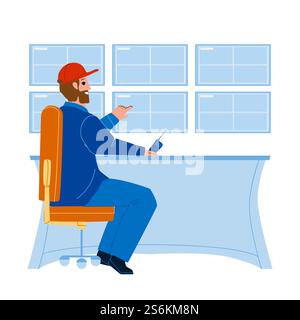 Man Security Worker Monitoring Cctv System Vector. Security Guard Watching Video Surveillance Screen. Character Professional Control And Make Supervision Job Flat Cartoon Illustration. Man Security Worker Monitoring Cctv System Vector Stock Vector