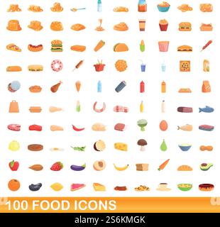 100 food icons set. Cartoon illustration of 100 food icons vector set isolated on white background. 100 food icons set, cartoon style Stock Vector