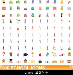 100 school icons set. Cartoon illustration of 100 school icons vector set isolated on white background. 100 school icons set, cartoon style Stock Vector
