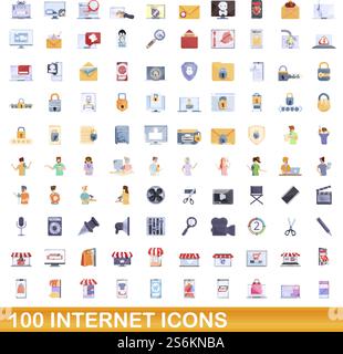 100 internet icons set. Cartoon illustration of 100 internet icons vector set isolated on white background. 100 internet icons set, cartoon style Stock Vector