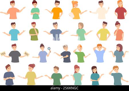 Ambiguity icons set cartoon vector. Data analysis. Business confused strategy. Ambiguity icons set cartoon vector. Data analysis Stock Vector