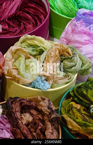 Group of multicolored silk scarves with abstract batik design Stock Photo