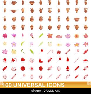 100 universal icons set. Cartoon illustration of 100 universal icons vector set isolated on white background. 100 universal icons set, cartoon style Stock Vector