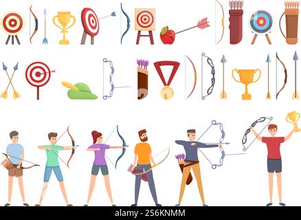 Archery competition icons set. Cartoon set of archery competition vector icons for web design. Archery competition icons set, cartoon style Stock Vector