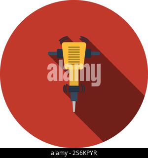 Icon Of Construction Jackhammer. Flat Circle Stencil Design With Long Shadow. Vector Illustration. Stock Vector