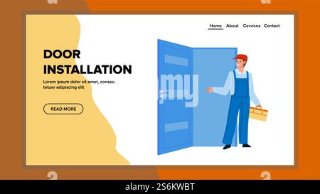 Entrance Door Installation Process Handyman Vector. Repairman Carpenter Doing Door Installation With Professional Tool. Character Craftsman Job Working Web Flat Cartoon Illustration. Entrance Door Installation Process Handyman Vector Stock Vector