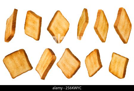 Toasted bread isolated. Set of flying pieces of toasted bread for design isolated on white background with clipping path. Design element. Stock Photo