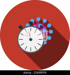 Coronavirus Molecule Under Stopwatch Icon. Flat Circle Stencil Design With Long Shadow. Vector Illustration. Stock Vector