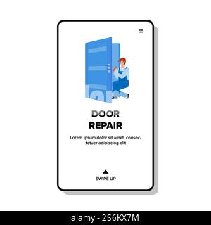Door Repair Service Worker Fix Construction Vector. Repairman Door Repair With Professional Instrument Tool. Character Repairing Maintenance Occupation Web Flat Cartoon Illustration. Door Repair Service Worker Fix Construction Vector Stock Vector