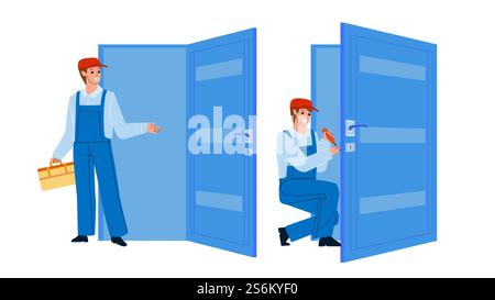 Locksmith Door Repair Fix Or Install Lock Vector. Repairman Repairing, Installing Or Changing Lock. Character Service Worker Man Professional Fix Occupation Flat Cartoon Illustration. Locksmith Door Repair Fix Or Install Lock Vector Stock Vector