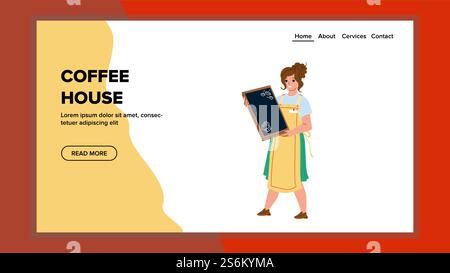 Coffee House Worker Holding Menu Plate Vector. Coffee House Cafeteria Waitress Woman Service. Character Girl Barista Preparing Caffeine Energy Drink In Restaurant Web Flat Cartoon Illustration. Coffee House Worker Holding Menu Plate Vector Stock Vector