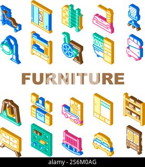 Furniture House Room Interior Icons Set Vector. Vintage And Modern Furniture, For Sport Exercising And Relaxation, Bedroom Bed And Office Chair, Warehouse Isometric Sign Color Illustrations. Furniture House Room Interior Icons Set Vector Stock Vector