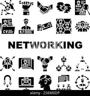 Networking Global Communication Icons Set Vector. People Networking Connection And Discussion, Cards Exchange And Direction Choice, Personal Rating And Team Work Glyph Pictograms Black Illustrations. Networking Global Communication Icons Set Vector Stock Vector