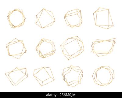Gold polygonal frames. Triangle line shape, polygon style crystal art decorations. Silver golden geometric elegant vector set. Polygonal frame to invitation decoration, backdrop glitter illustration. Gold polygonal frames. Triangle line shape, polygon style crystal art decorations. Silver golden geometric modern elegant element vector set Stock Vector