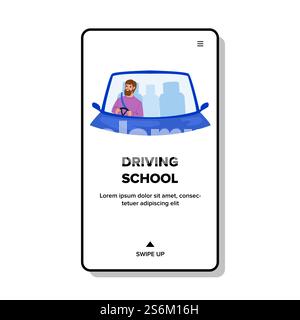 Driving School Student Practicing Drive Car Vector. Man Studying And Practice In Driving School. Character Learning And Examination For Driver License Web Flat Cartoon Illustration. Driving School Student Practicing Drive Car Vector Stock Vector