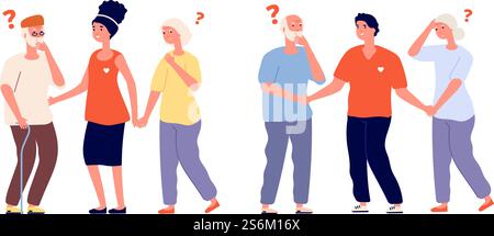 Volunteers and elderly. Old people memory loss with male female social workers. Isolated kind woman and man helping seniors vector illustration. Care volunteer for elderly, volunteering and support. Volunteers and elderly. Old people memory loss with male female social workers. Isolated kind woman and man helping seniors vector illustration Stock Vector