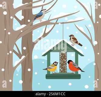 Winter feeder. Snow woodland, birds food on tree poster. Feeding wild animals on nature, flat bullfinch chickadee robin vector illustration. Birdwatching and birdhouse, feeding house. Winter feeder. Snow woodland, birds food on tree poster. Feeding wild animals on nature, flat bullfinch chickadee robin vector illustration Stock Vector