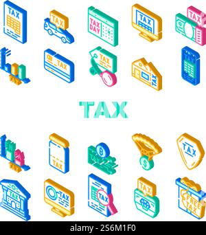 Tax Financial Payment For Income Icons Set Vector. Cryptocurrency And Real Estate House Tax, Gift And Every Dollar, Infographic And Online Pay, Jewelry And Car Isometric Sign Color Illustrations. Tax Financial Payment For Income Icons Set Vector Stock Vector