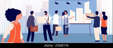 Architect project. Woman presented plan, flat engineer with designer team showing architecture idea. Construction office vector illustration. Project plan construction, present blueprint building. Architect project. Woman presented plan, flat engineer with designer team showing architecture idea. Construction office vector illustration Stock Vector