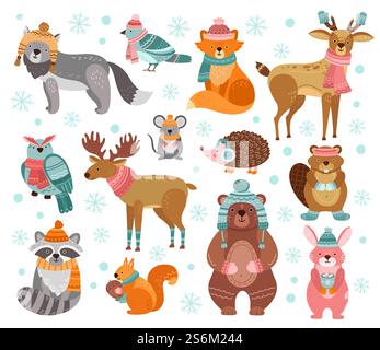 Winter animal characters. Style holiday animals, cute christmas raccoon rabbit fox deer. Woodland funny greeting friends vector illustration. Character christmas deer and owl in hat, rabbit animal. Winter animal characters. Style holiday animals, cute christmas raccoon rabbit fox deer. Woodland funny greeting friends vector illustration Stock Vector