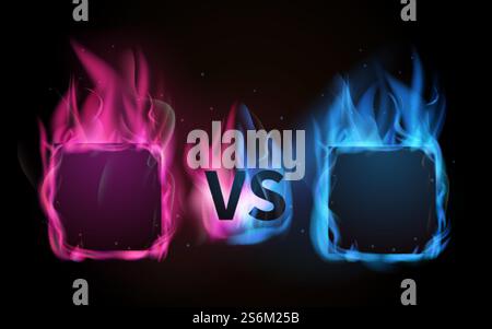 Glowing Versus screen. Pink vs blue, confrontation of male and female metaphor. Burn colorful frames vector illustration. Fight confrontation game vs glow. Glowing Versus screen. Pink vs blue, confrontation of male and female metaphor. Burn colorful frames vector illustration Stock Vector
