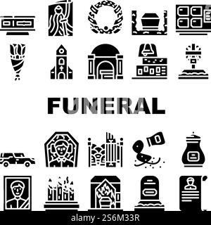Funeral Dead Ceremony Collection Icons Set Vector. Urn And Grave, Car And Coffin, Flowers And Wreath, Candles In Church Funeral Ceremonial Equipment Glyph Pictograms Black Illustrations. Funeral Dead Ceremony Collection Icons Set Vector Stock Vector