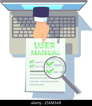 Online user guide. Web manual, hand from laptop screen holding instruction or info. Flat computer with booklet, client service vector illustration. Online information instruction, help service guide. Online user guide. Web manual, hand from laptop screen holding instruction or info. Flat computer with booklet, client service vector illustration Stock Vector
