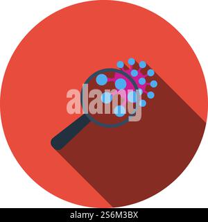 Magnifier Over Coronavirus Molecule Icon. Flat Circle Stencil Design With Long Shadow. Vector Illustration. Stock Vector