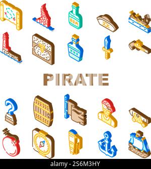 Pirate Sea Robber Collection Icons Set Vector. Pirate Ship Floating In Ocean And Flag, Hat And Compass, Weapon And Saber, Treasure Chest And Drink Barrel Isometric Sign Color Illustrations. Pirate Sea Robber Collection Icons Set Vector Stock Vector
