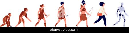 Evolution of woman. Human growth, cartoon business human and primitive caveman. Homo development ape to lady robot vector concept. Illustration monkey and robot development, human evolution growth. Evolution of woman. Human growth, cartoon business human and primitive caveman. Homo development from ape to lady robot utter vector concept Stock Vector