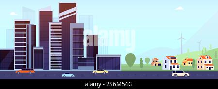 Downtown and suburb. Flat city, office buildings or village. Smart urban cityscape on road, diverse real estate utter vector landscape. Illustration building downtown infrastructure and cozy village. Downtown and suburb. Flat city, modern office buildings or village. Smart urban cityscape on road, diverse real estate utter vector landscape Stock Vector