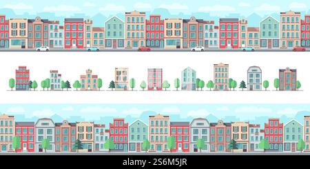 European city street. Cute suburban buildings, country houses. Town walking, downtown seamless pattern and real estate vector elements. Street town, city neighborhood suburban panorama illustration. European city street. Cute suburban buildings, flat country houses. Town walking area, downtown seamless pattern and real estate vector elements Stock Vector