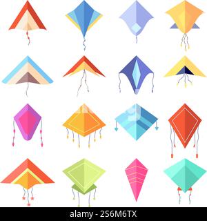 Color kite. Geometric forms rhombus, cartoon flying bright toys. Isolated kids summer game, festival equipment with ribbons utter vector set. Illustration toy wind kite, fly colorful string. Color kite. Geometric forms rhombus, cartoon flying bright toys. Isolated kids summer game, festival equipment with ribbons utter vector set Stock Vector