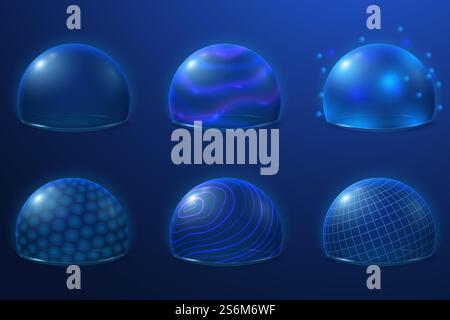 Bubble shields. Protect field, futuristic energy force safety bubbles. Transparent plasma surface, 3d security protection recent vector set. Illustration shield futuristic, bubble sphere energy. Bubble shields. Protect field, futuristic energy force safety bubbles. Transparent plasma surface, 3d security protection recent vector set Stock Vector