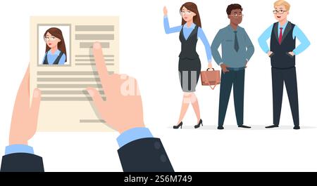 Office worker recruitment. Human resource hire employee, recruiter choices. Happy young woman has job, Hr manager choose female and not man. Business success, cartoon people vector illustration. Office worker recruitment. Human resource hire employee, recruiter choices. Happy young woman has job, Hr manager choose female and not man. Stock Vector
