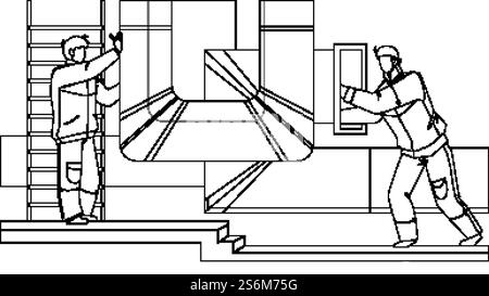 Hvac Ventilation Installation Or Repair Men Black Line Pencil Drawing Vector. Workers Check Ventilation, Pipes Air Conditioning Of Buildings. Boys Repairing Or Examining Industry Pipeline Illustration. Hvac Ventilation Installation Or Repair Men Vector Stock Vector