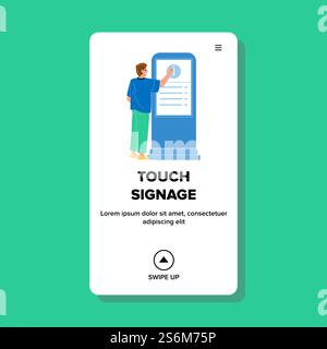 Touch Signage On Digital Touchscreen Panel Vector. Young Man Using Multimedia Stand Lcd Display, Touch Signage Kiosk. Character Interactive Computer Technology Web Flat Cartoon Illustration. Touch Signage On Digital Touchscreen Panel Vector Stock Vector