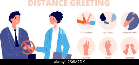 Safe greetings. Distance contact, no handshake or alternative protective greet methods. Feet hit or namaste, gesture utter vector icons set. No contact handshake, namaste or foot shake illustration. Safe greetings. Distance contact, no handshake or alternative protective greet methods. Feet hit or namaste, gesture utter vector icons set Stock Vector